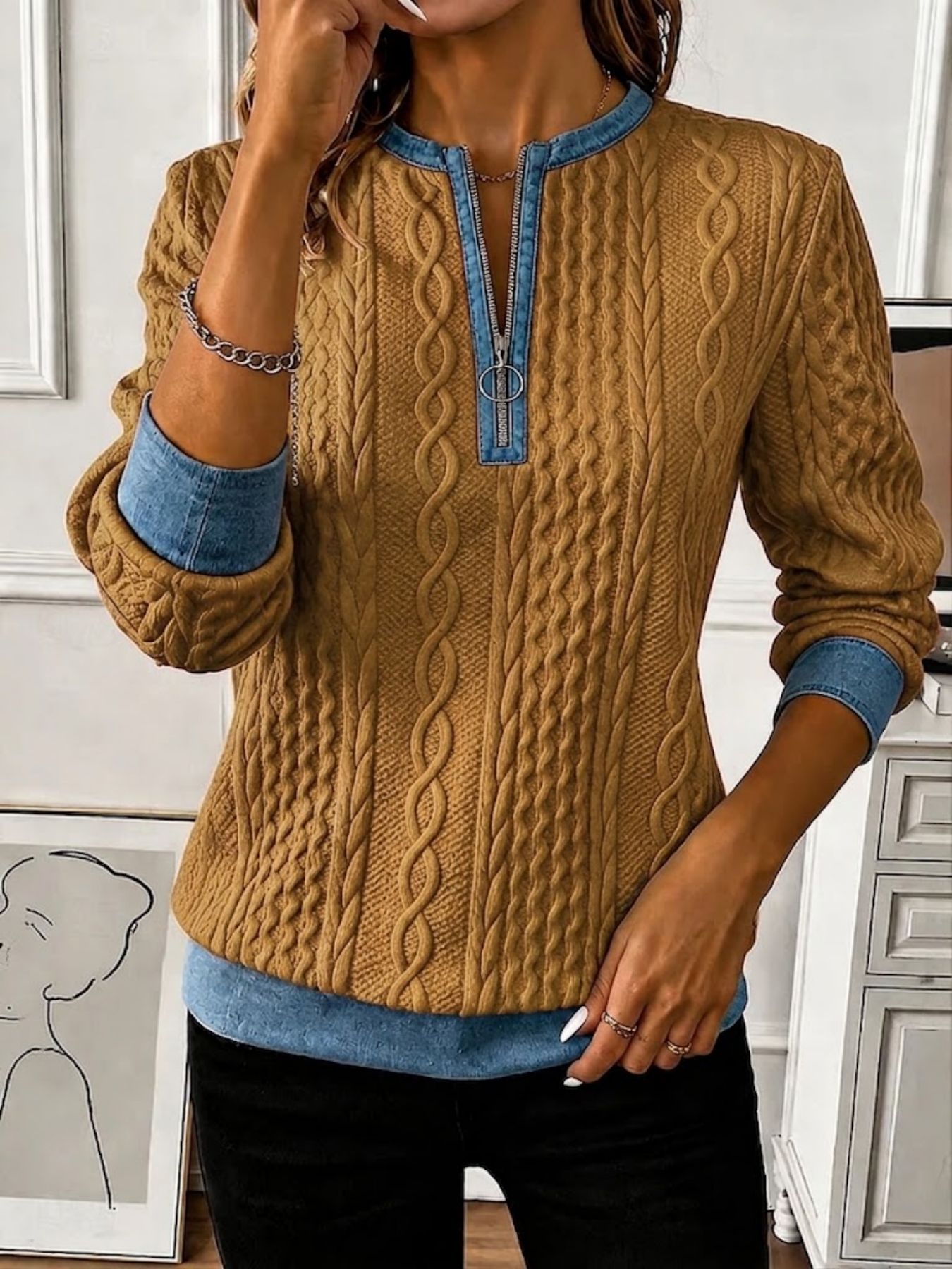 Solid Print Half-Zip Hoodie for Women