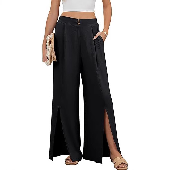 Women's High-Waist Wide-Leg Solid Casual Pants with Elastic Waist