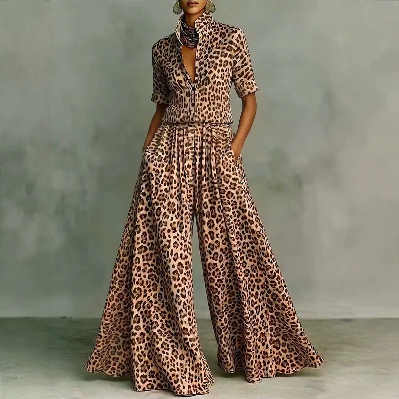 Women's Leopard Print Matching Set: Short Sleeve Loose Shirt & High Waist Wide Leg Pants