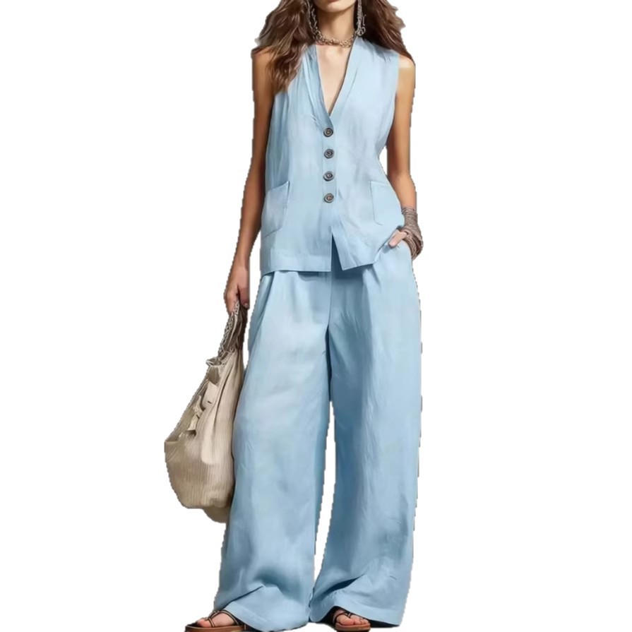 Women's Sleeveless Vest Top and Wide-Leg Pants Cotton-Linen Two-Piece Set