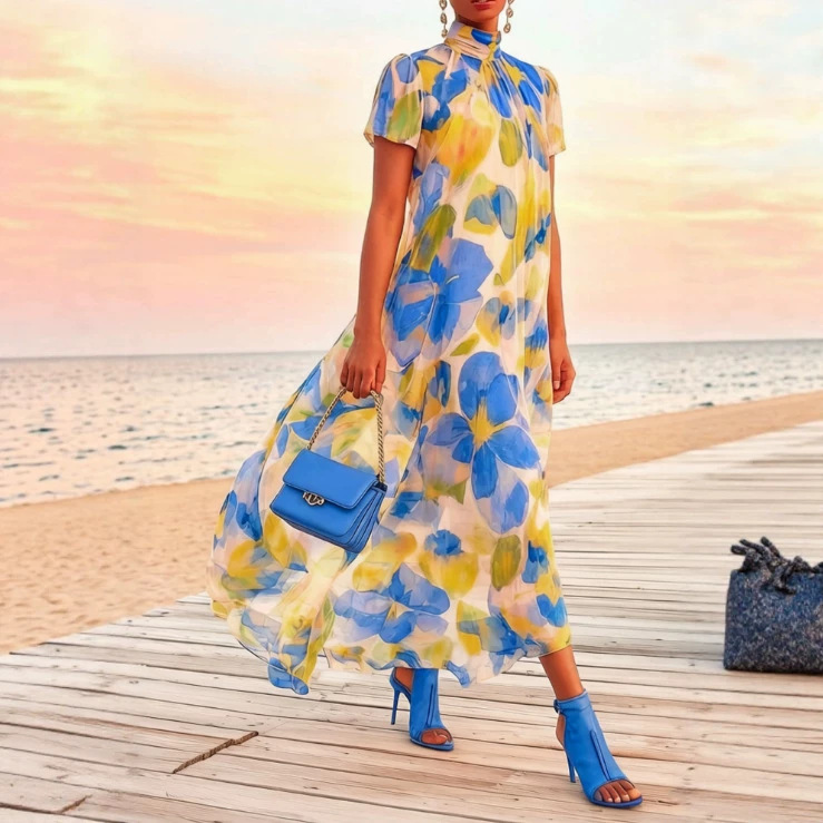 Women's Boho Floral Midi Dress Smocked Flowy Beach Dress