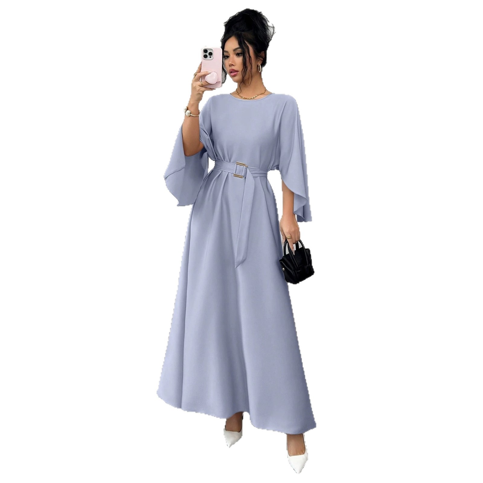 Women's Round Neck Tie-Waist Long Dress with Batwing Sleeves Solid Color