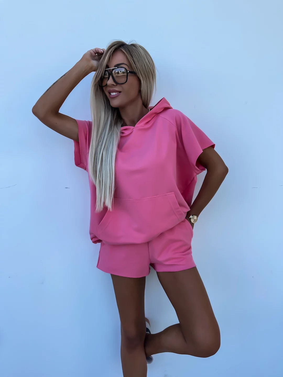 Women's Casual Hooded Sweatshirt and Elastic Shorts Set