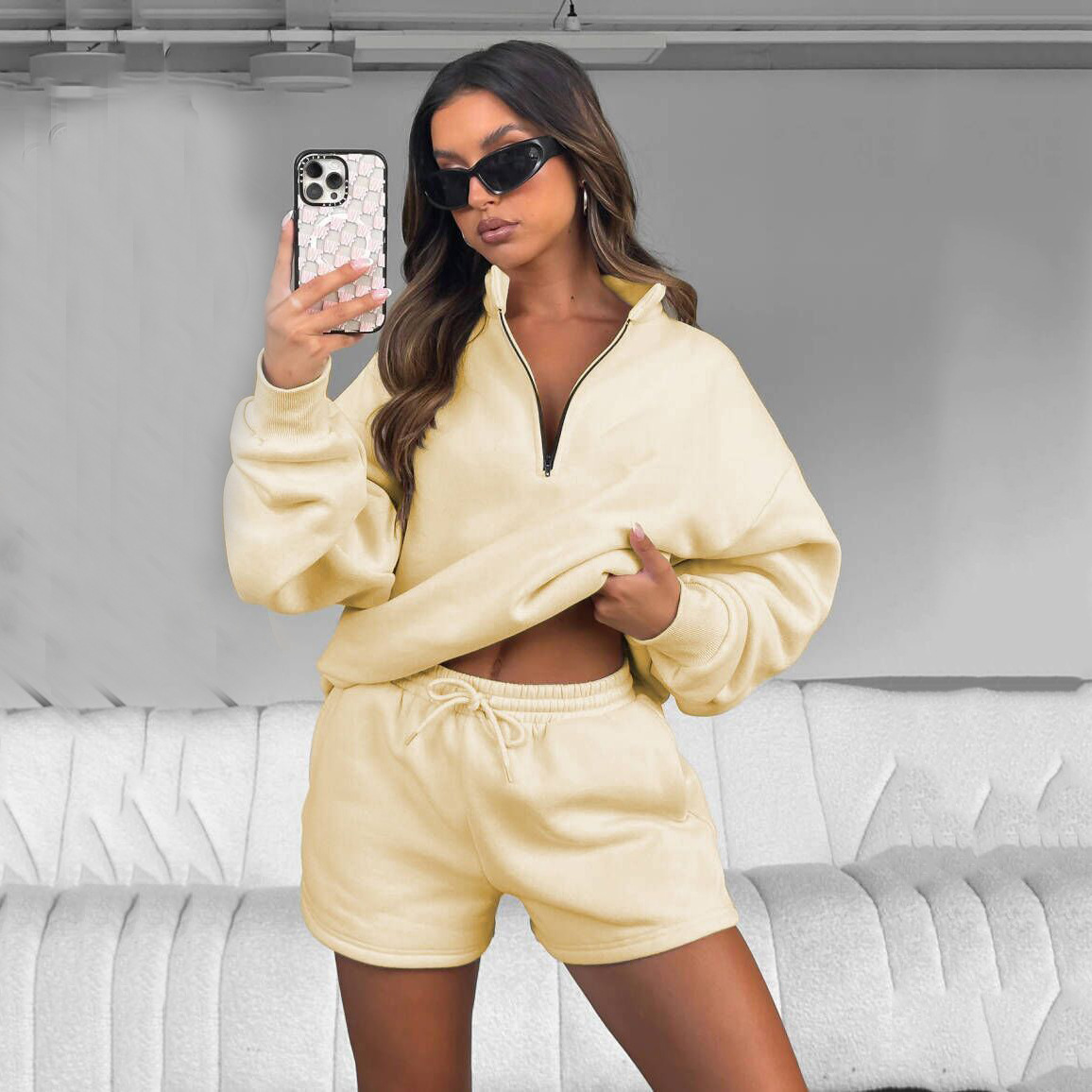 Women's Solid Zip Pocket Hoodie and Shorts Set