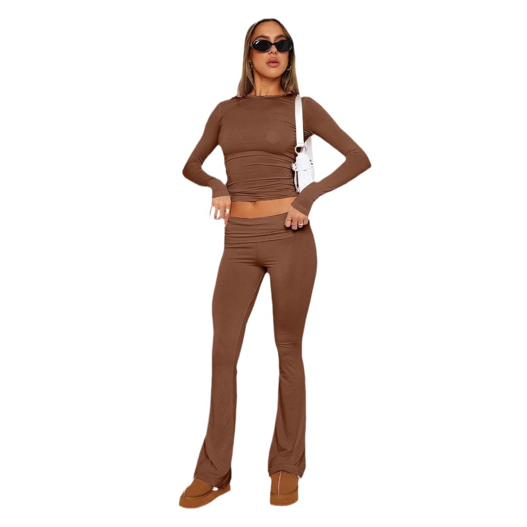 Women's Solid Color Slim Fit Low Waist Flare Pants Two-Piece Set