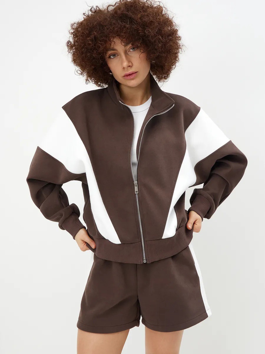 Women's Color-Block Zip-Up Cardigan and Shorts Two-Piece Set