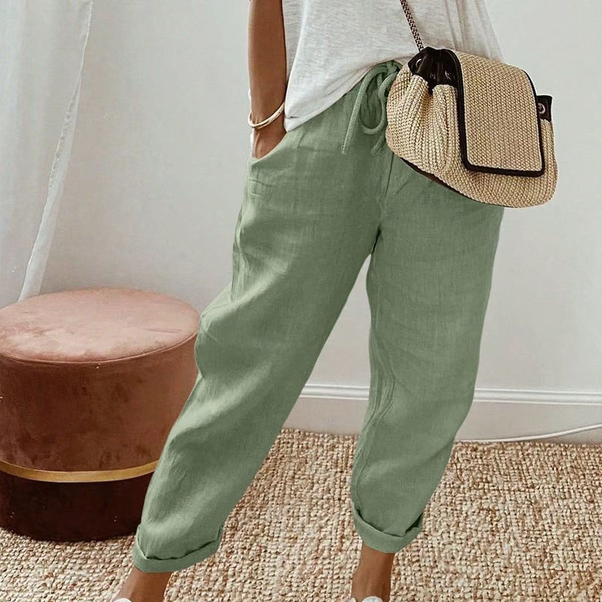 Women's Cotton Linen Cropped Pants with Pockets and Elastic Waist, Loose Casual