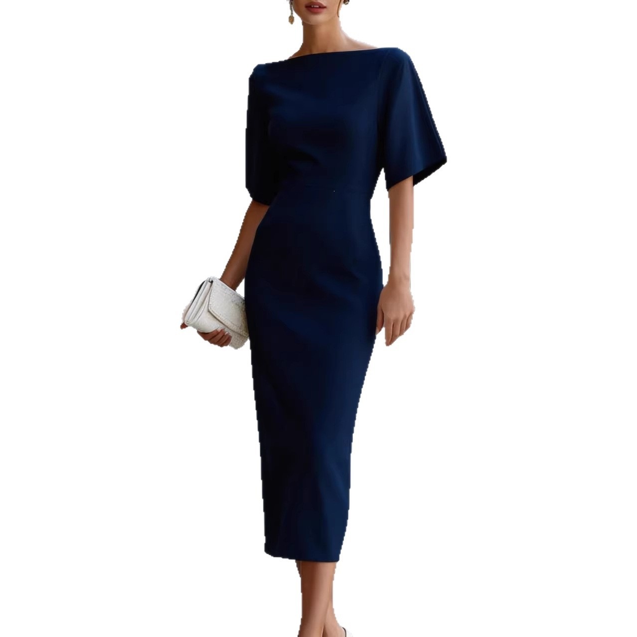 Elegant Slimming Waist Midi Solid Color Dress for Women