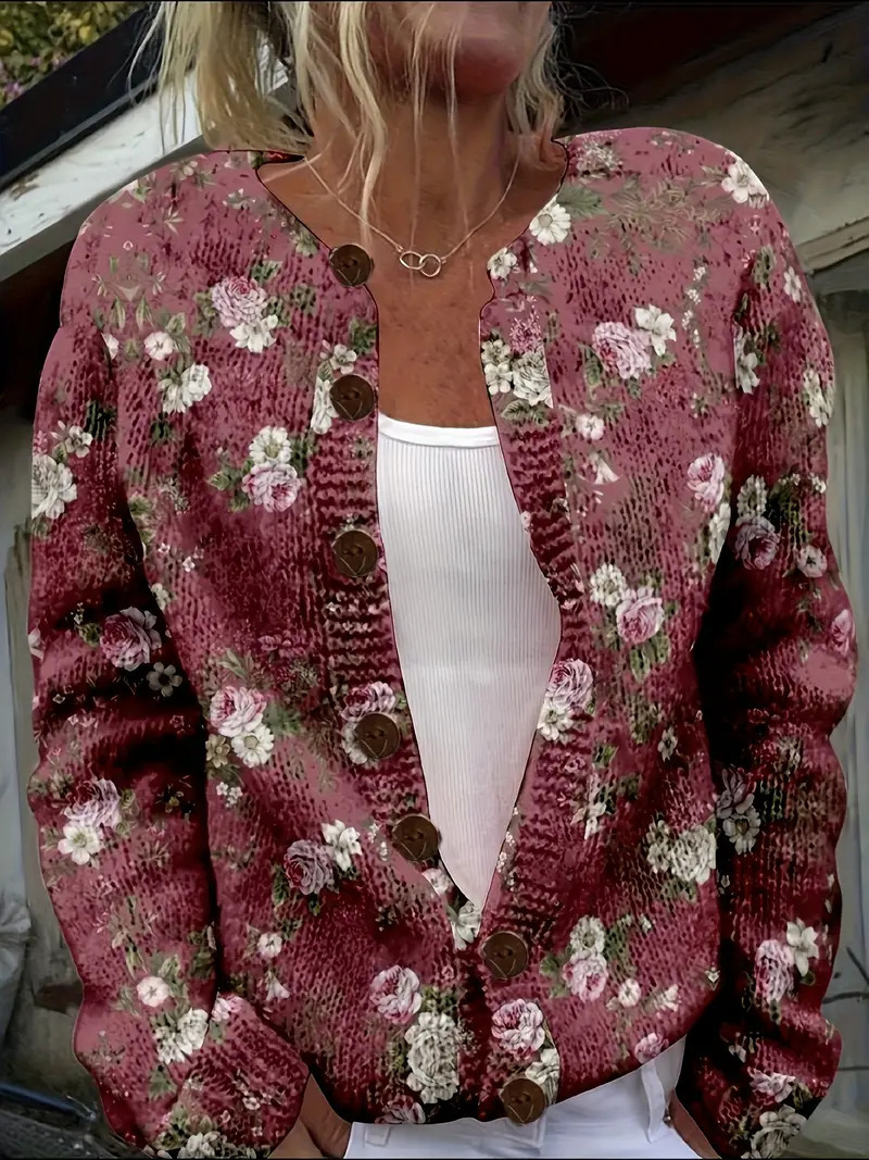 Women's Floral Print Long Sleeve Crew Neck Pullover Sweater