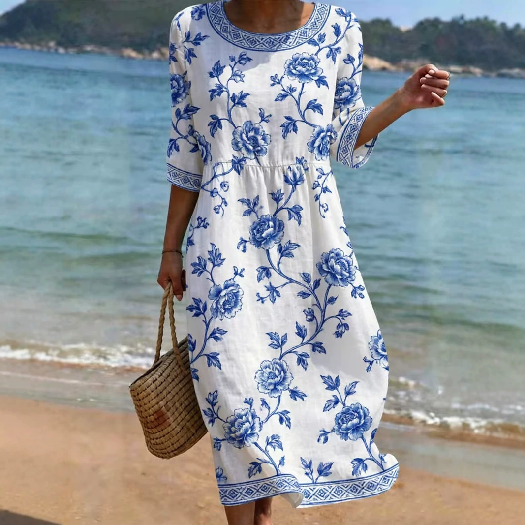 Women's Floral Print Midi Dress Crew Neck Half Sleeve Slim Fit Casual