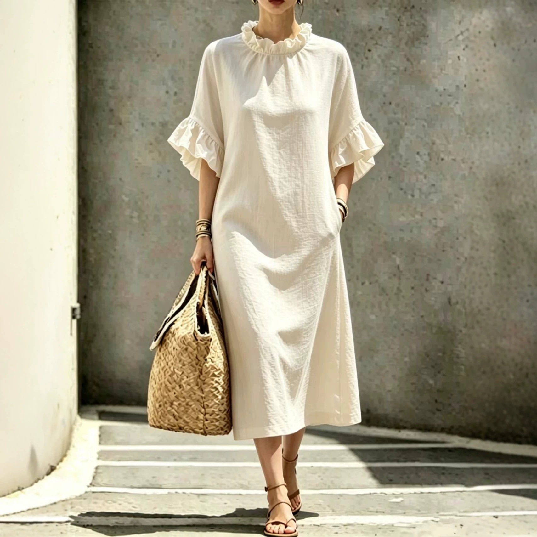 Women's Casual Midi Dress with Ruffle Trim and Geometric Print