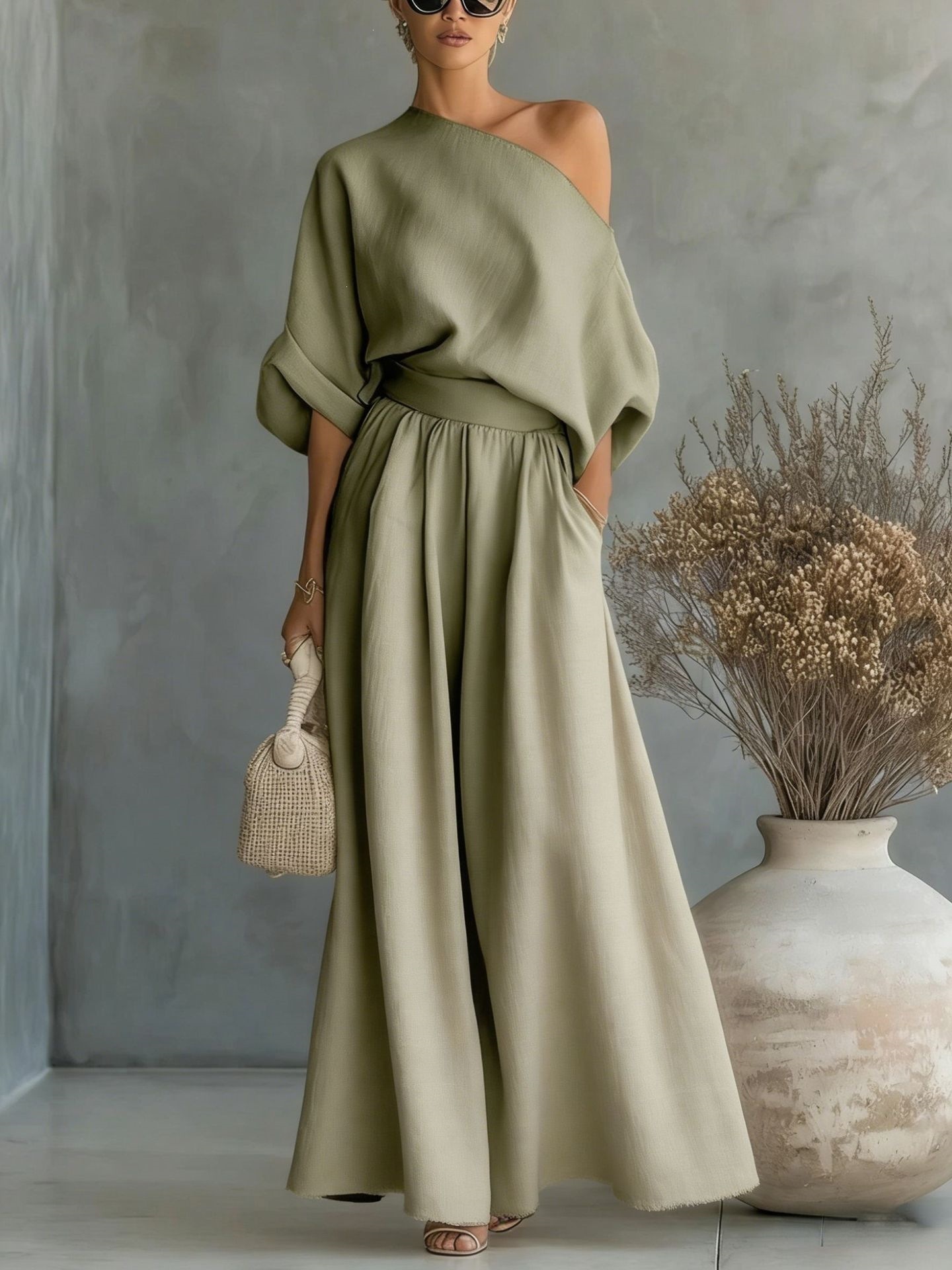Elegant One-Shoulder Waist-Cinching Top and Skirt Two-Piece Set