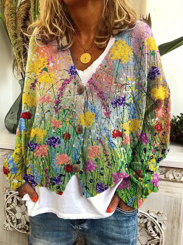 3D Print Open-Front Cardigan Soft Knit Sweater Coat