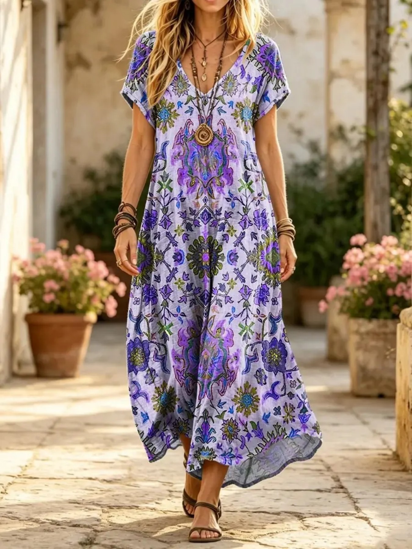 Women's Floral Print Midi Dress Short Sleeve Deep V-Neck Bodycon Casual