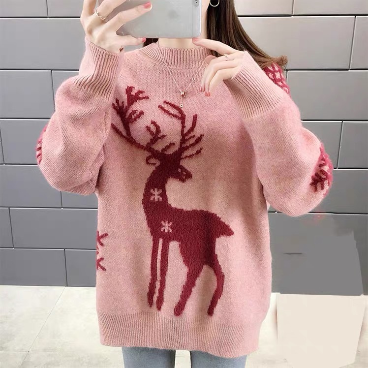 Christmas Reindeer Knit Sweater Women's Thick Loose Pullover