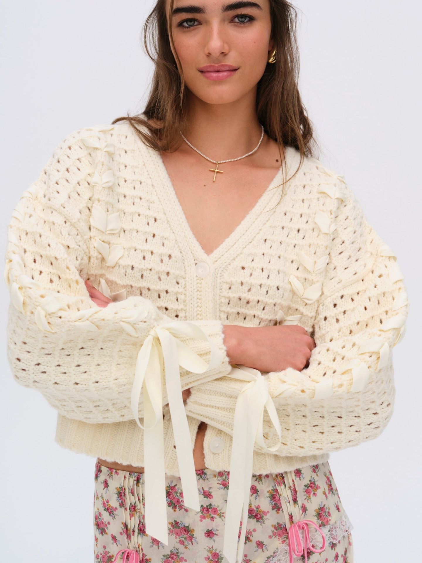 V-Neck Lace-Up Open Knit Cardigan Sweater Loose Casual Women's