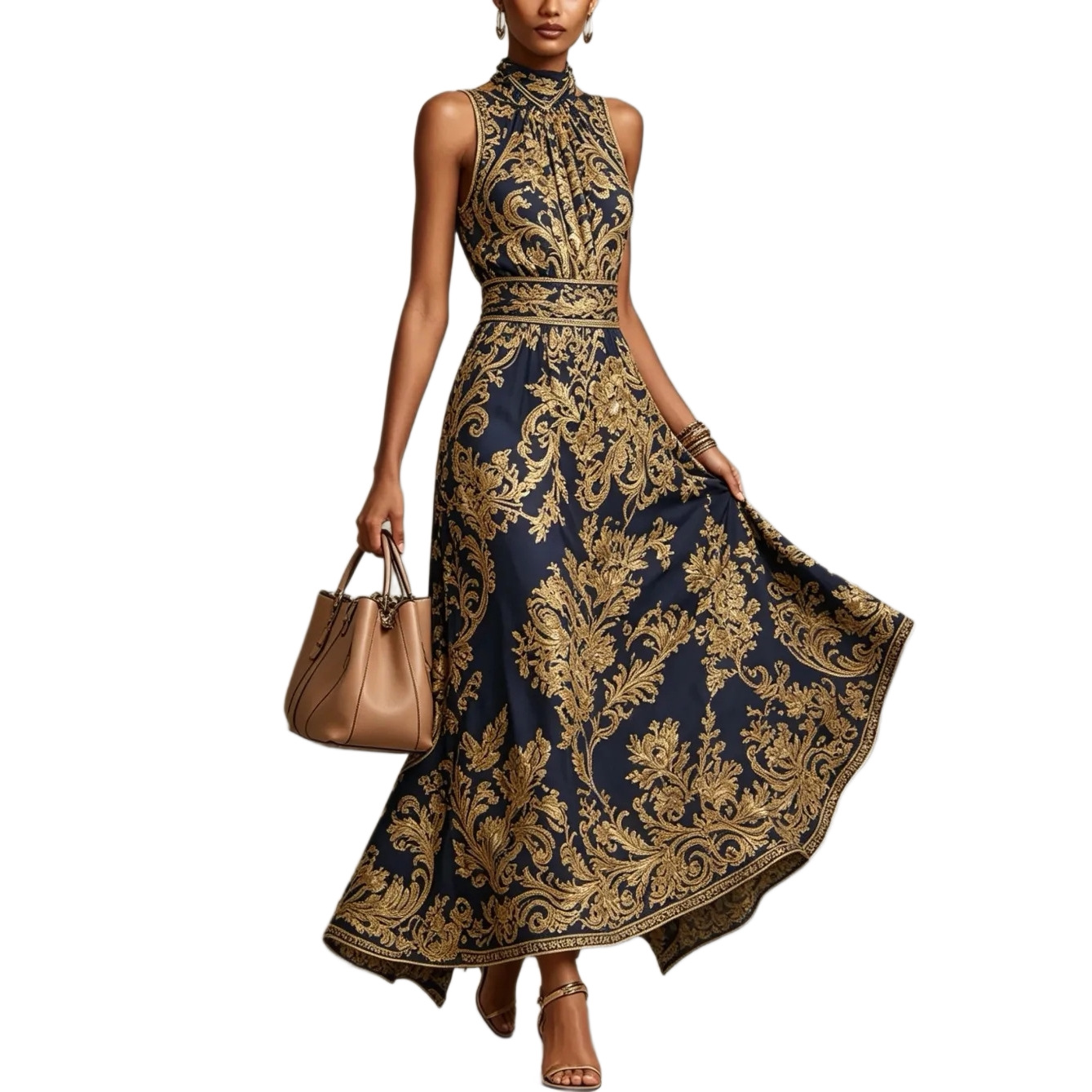 Vintage Gold Embroidered Long Slim Evening Dress