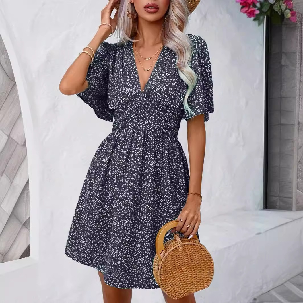 Deep V-Neck Ruffle Sleeve Smocked Floral A-Line Midi Dress