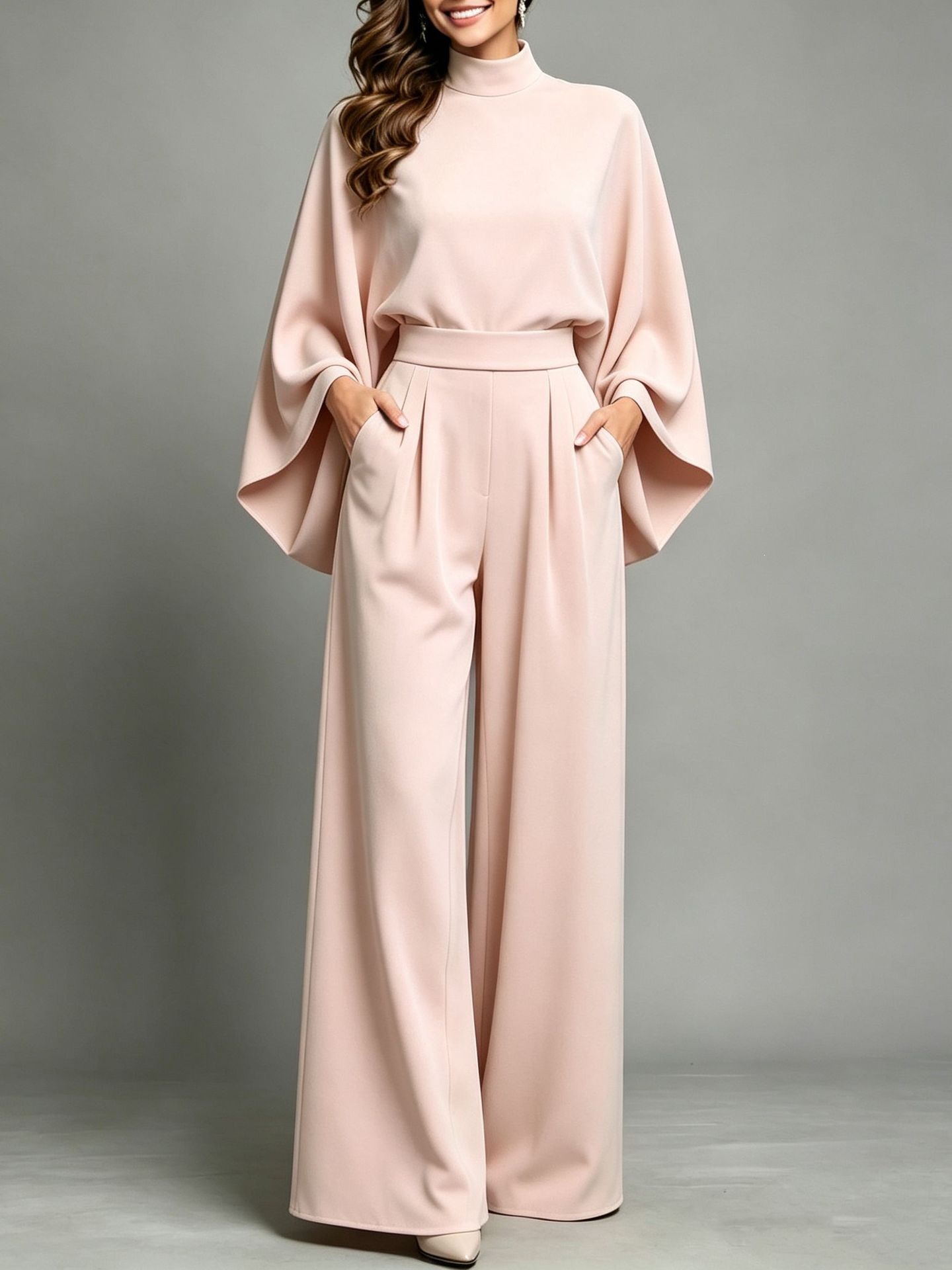 Women's Half-Turtleneck Wide-Leg Two-Piece Set, Long-Sleeve Knit Top and Pants, Loose Fit