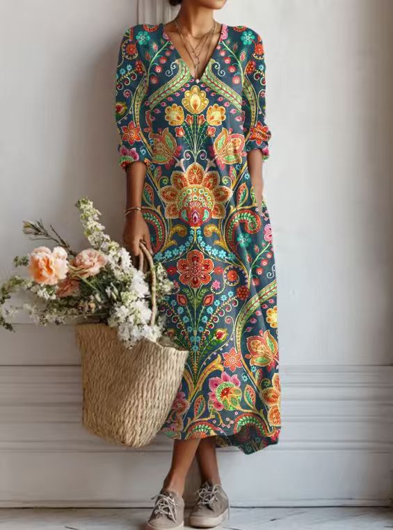 Women's Floral Paisley Print Ruched Bodycon Midi Dress