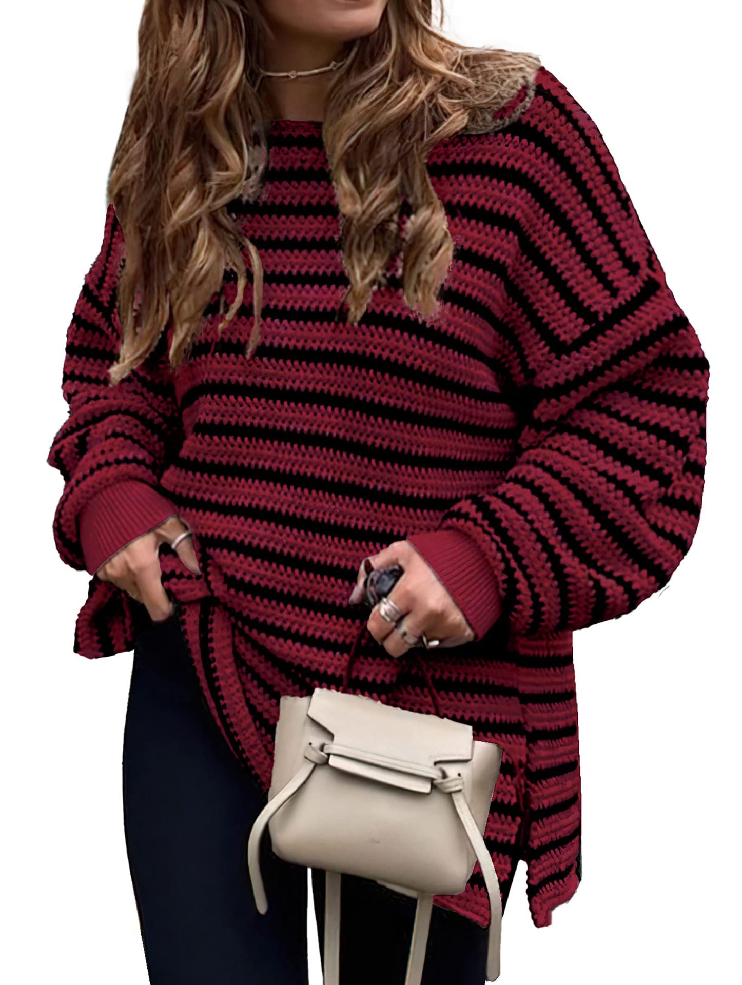 Striped Slit Loose Knit Sweater