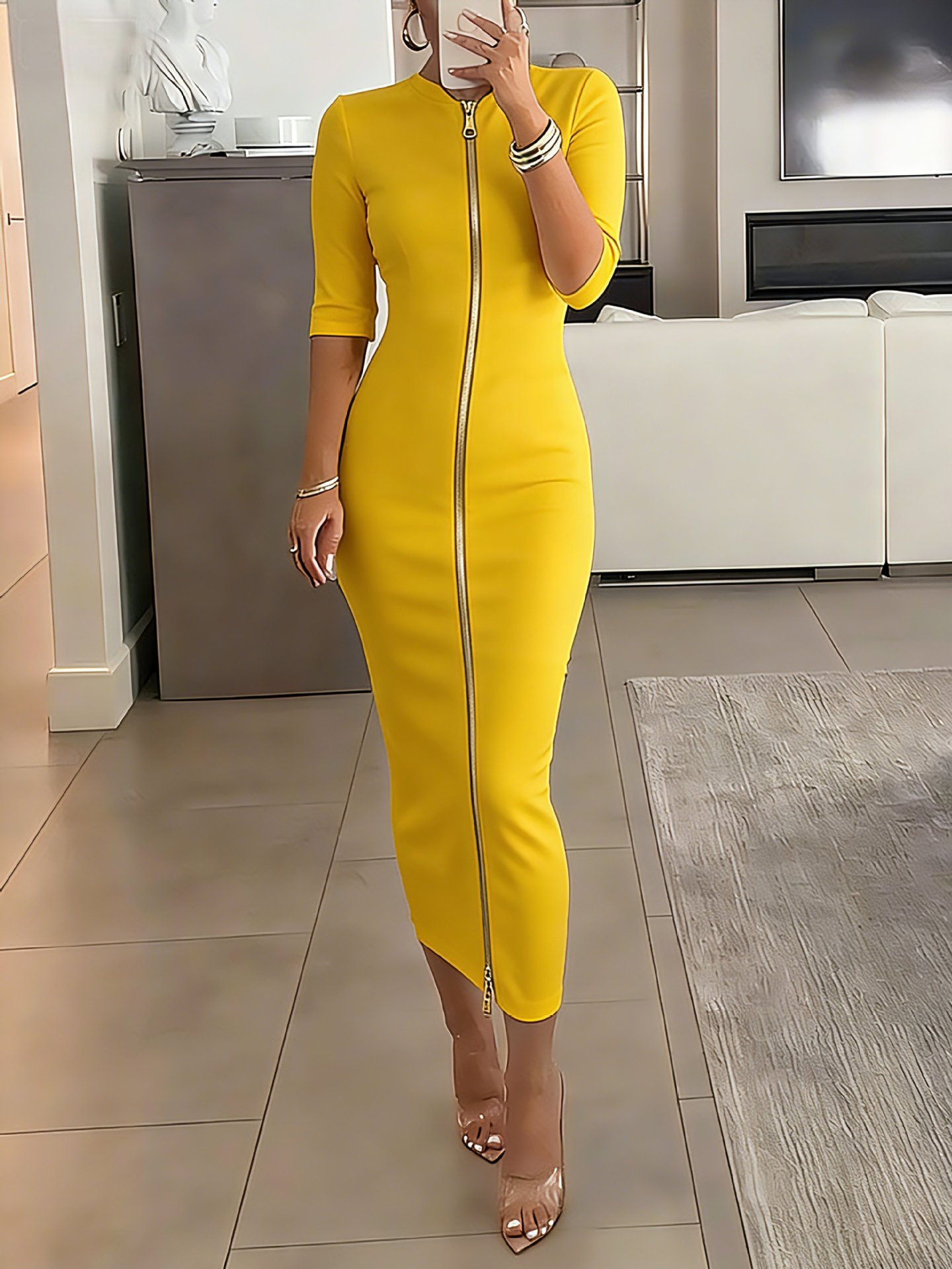 Plus Size Bodycon Midi Dress with Zip Short Sleeve Round Neck