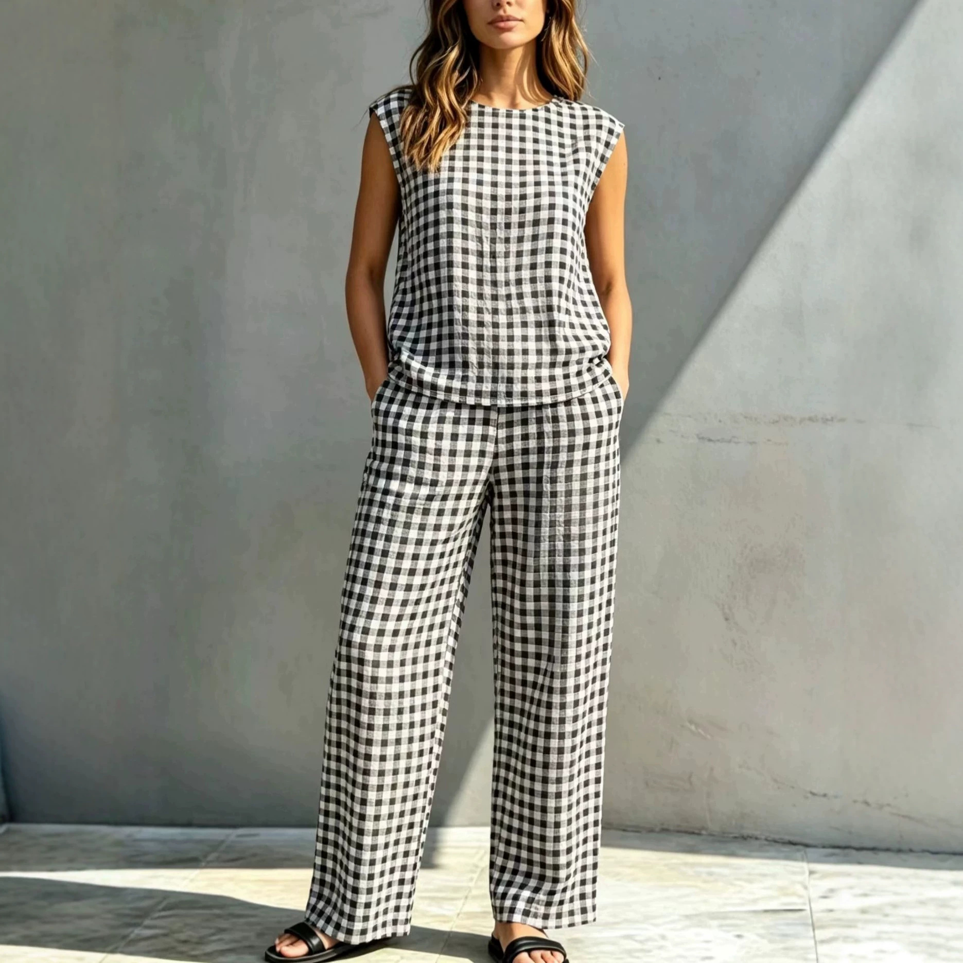 Plaid Sleeveless Vest and Wide-Leg Pants Two-Piece Set