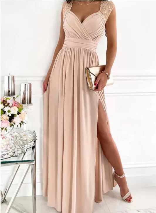 Sleeveless Lace Open-Back Slit Long Dress