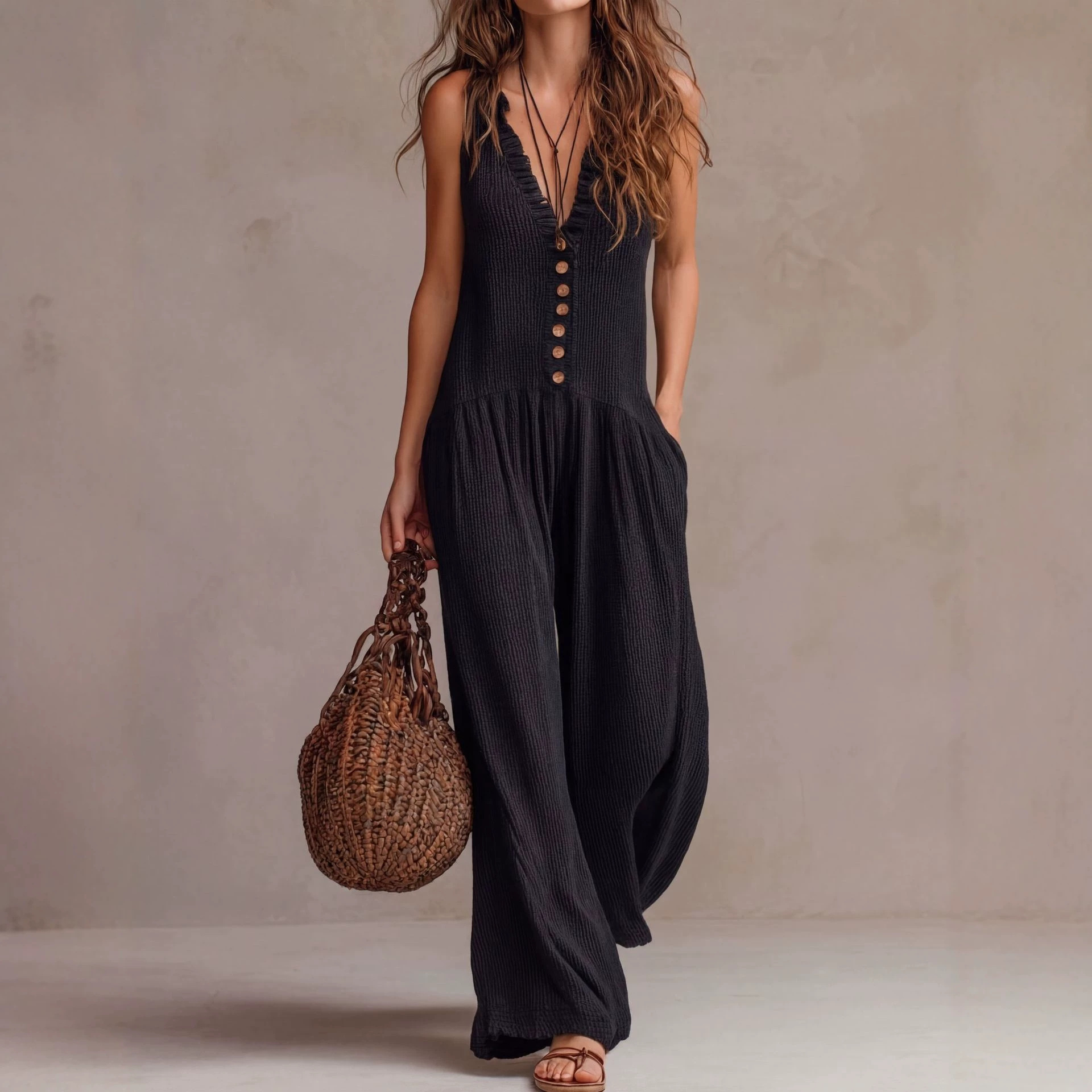 Women's Boho V-Neck Wide-Leg Jumpsuit