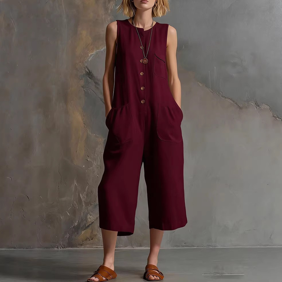 Women's Sleeveless Solid Color Cropped Jumpsuit Casual Relaxed Fit