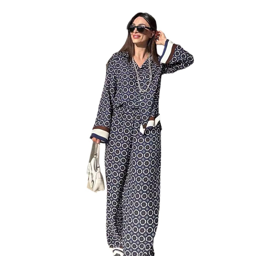 Women's Printed Long Sleeve Shirt and High Waist Pants Two-Piece Set