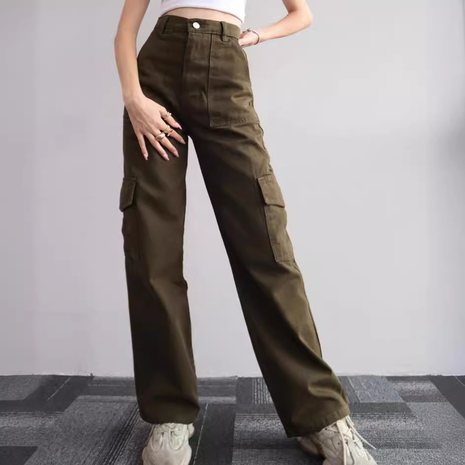 Women's Mid-Rise Straight-Leg Cargo Pants with 3D Pockets