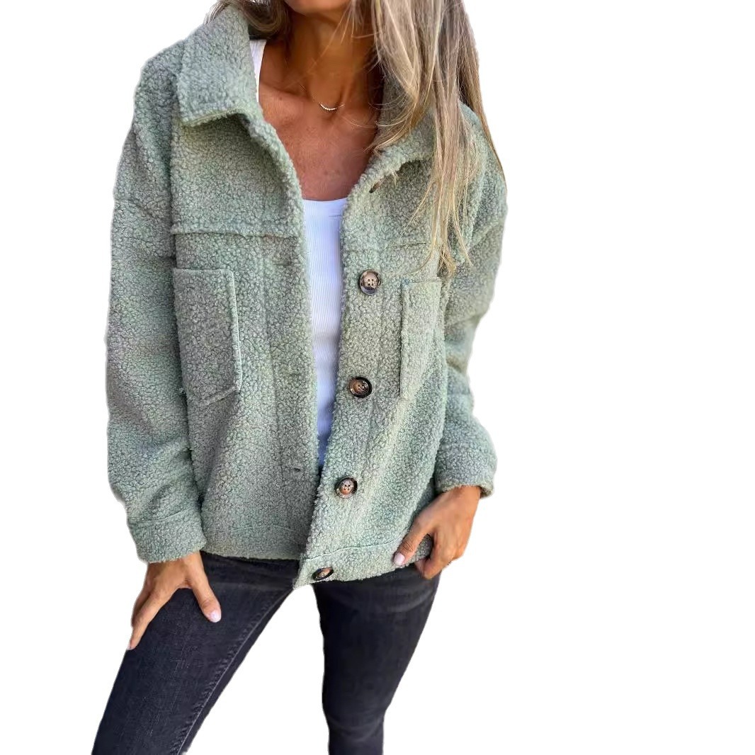 Women's Faux Shearling Coat with Lapel Collar and Single-Breasted Button Front