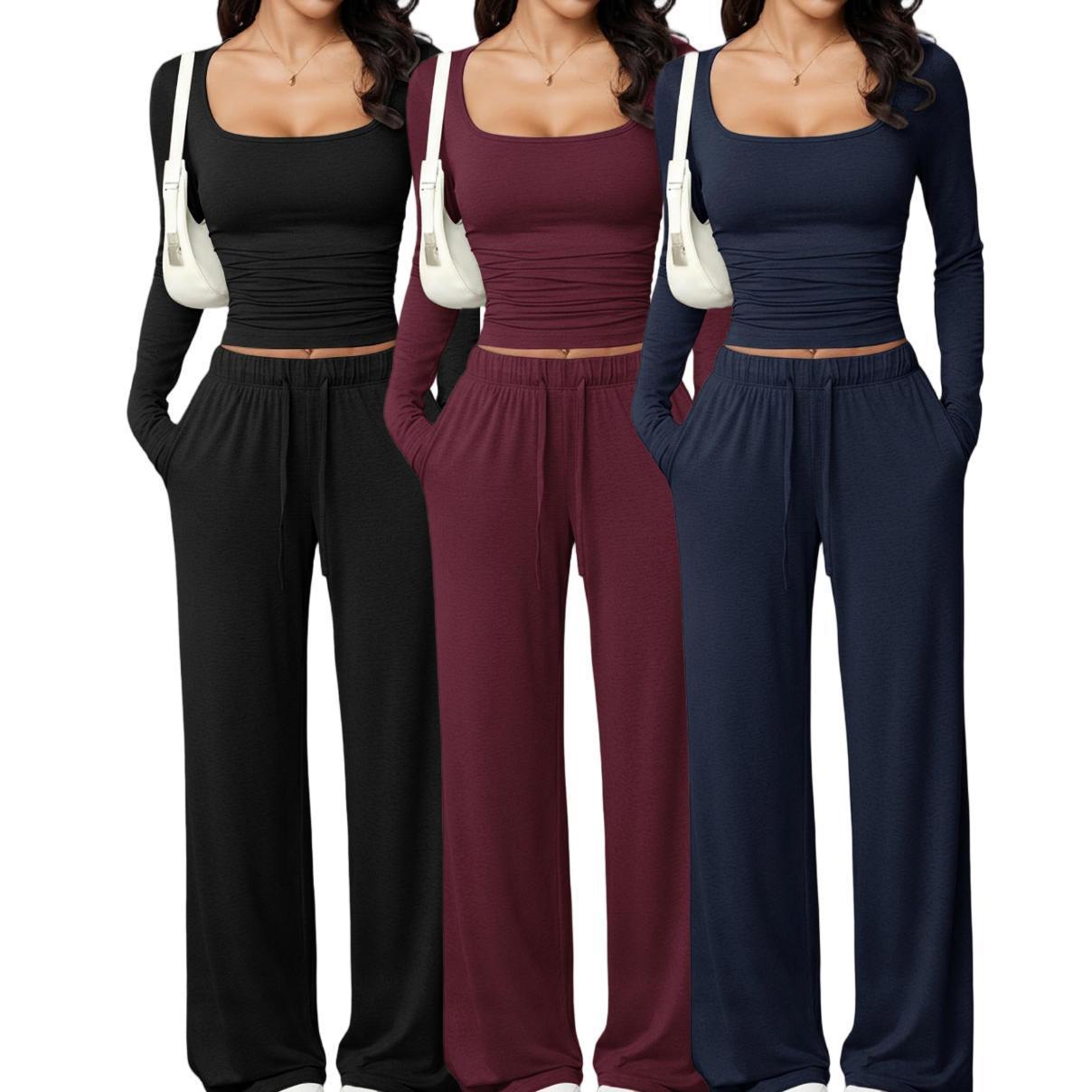 Women's Long Sleeve Drawstring Top & Wide-Leg Pants Two-Piece Set