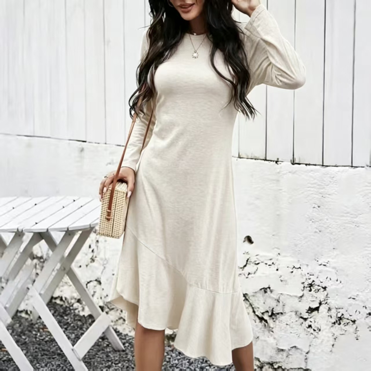Women's Long Sleeve Round Neck Casual Split Spliced Asymmetrical Dress