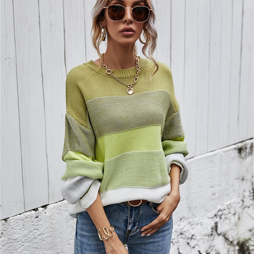 Striped Color-Block Crewneck Loose Knit Sweater
