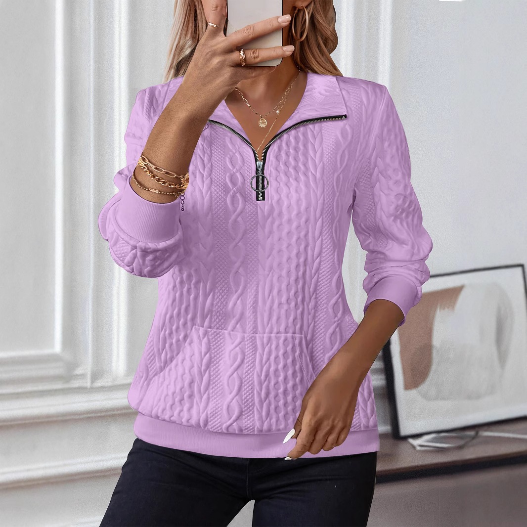 Women's Cable Knit Half-Zip Sweatshirt Collared Long Sleeve Top