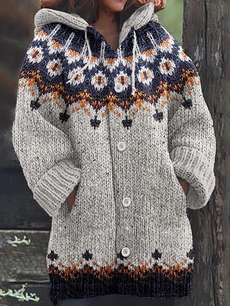 Women's Floral Leaf Print Hooded Button Cardigan Sweater