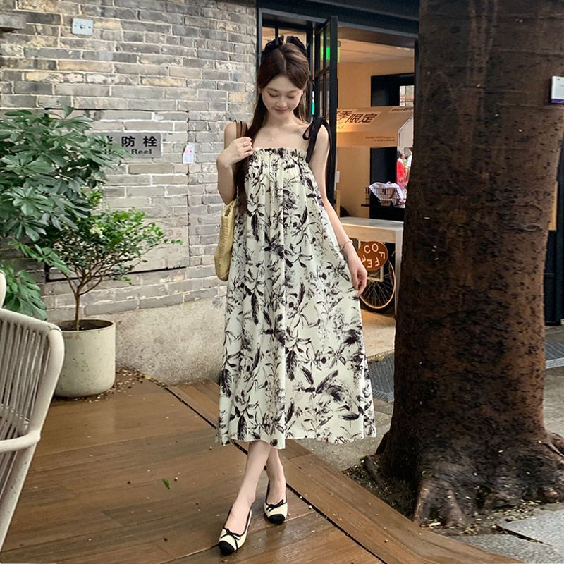 French Tea Break Ink Wash Tie-Strap Midi Dress Women's Summer Loose Relaxed Vacation Long Dress