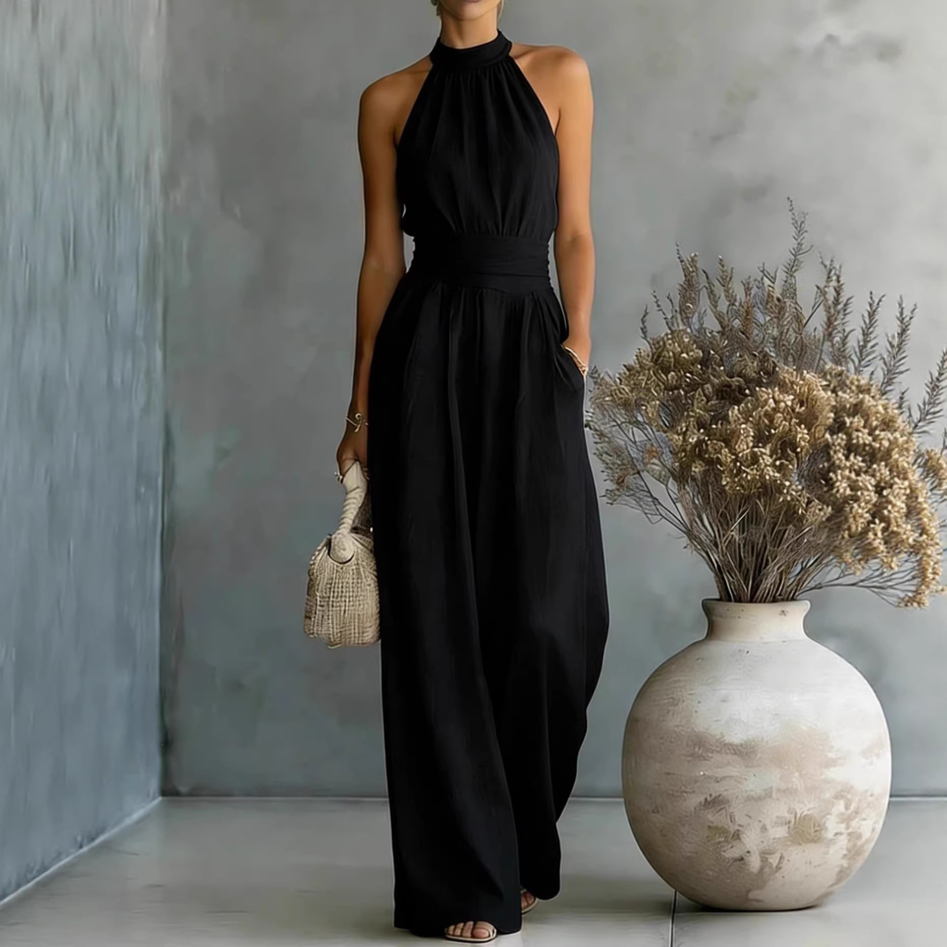 Sleeveless Halter Wide-Leg Jumpsuit with Cinched Waist
