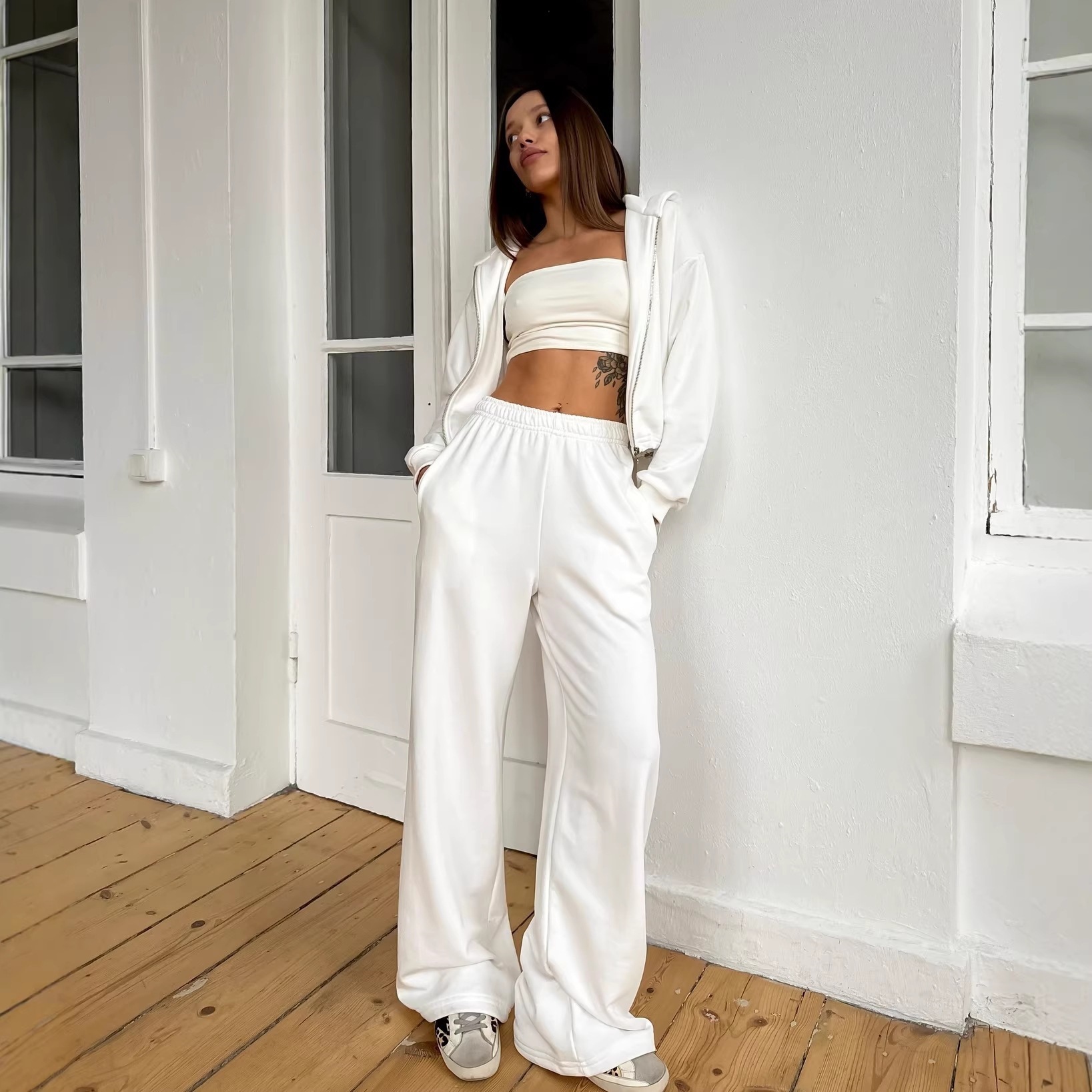 Women's Hooded Zip-Up Sweatshirt and Wide-Leg Pants Set Solid Color