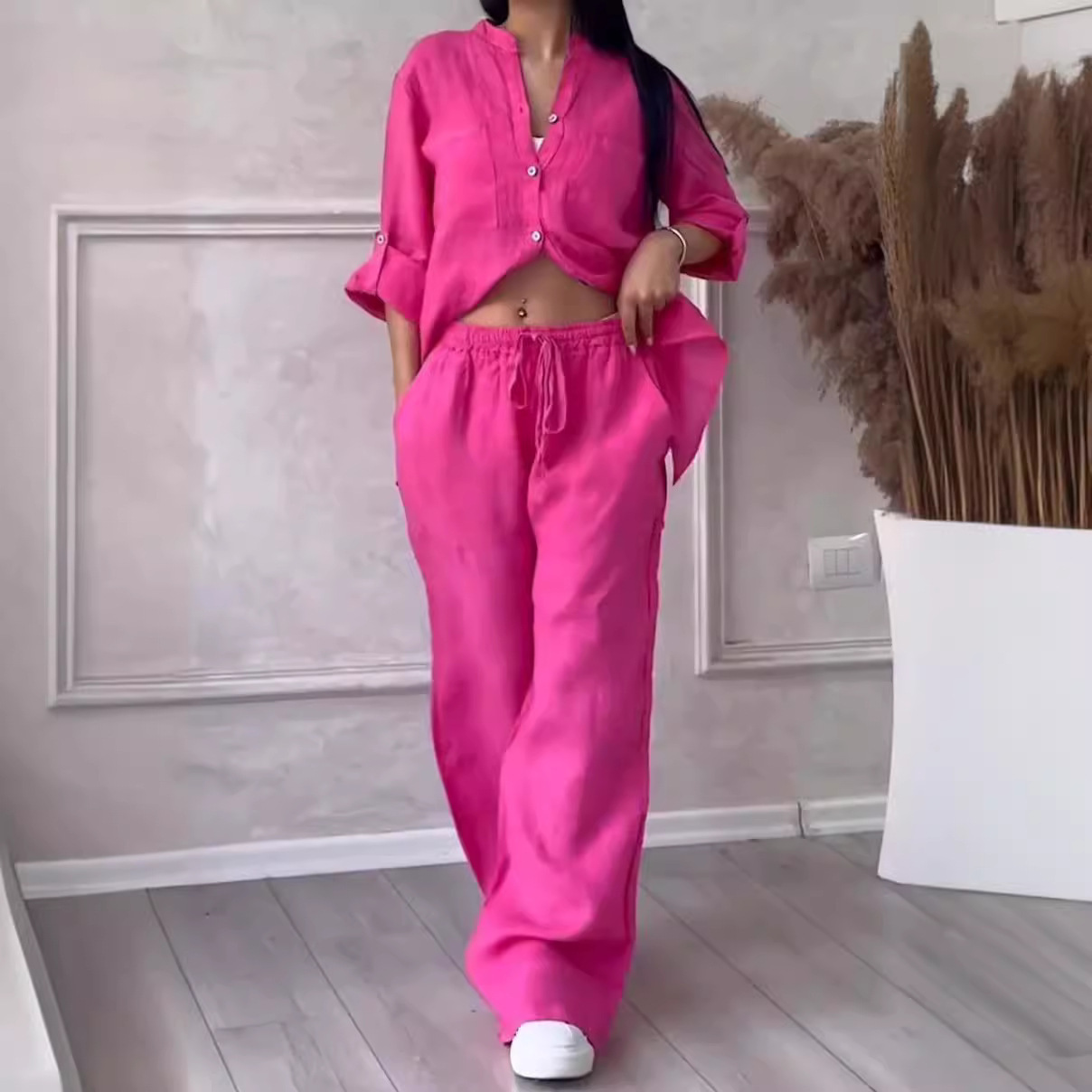 Women's Solid Color Single-Breasted Long-Sleeve Shirt and Wide-Leg Tie Pants Two-Piece Set