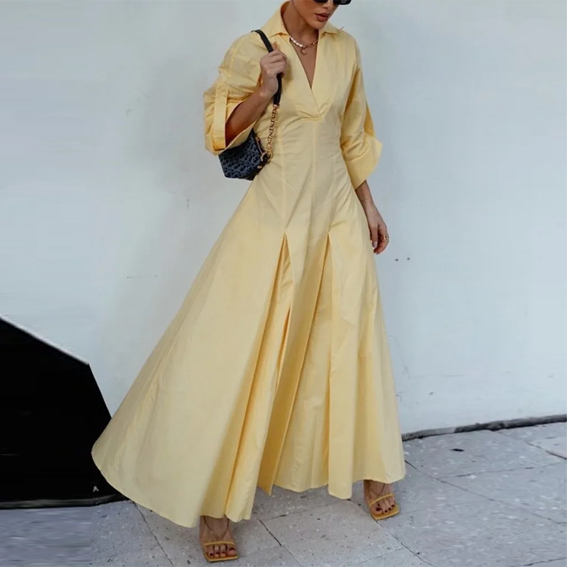 Women's Summer Long Dress Solid Color Waist-Cinched Pleated Collared