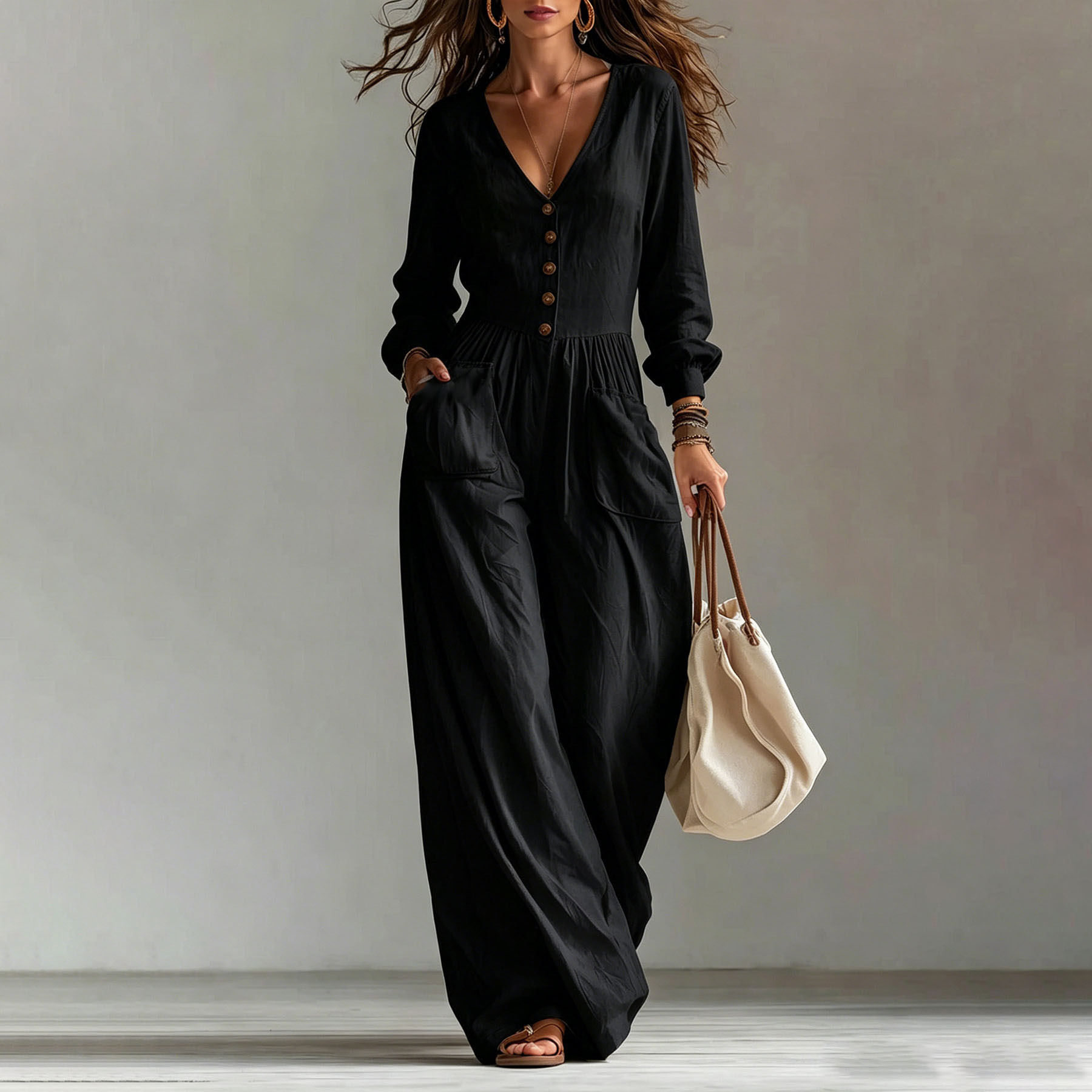 Women's Casual V-Neck Long Sleeve Jumpsuit with Pockets