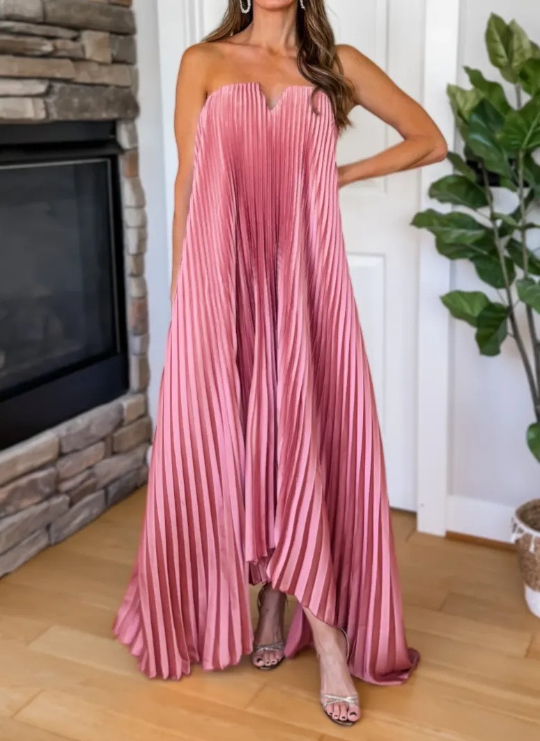 Pink Orange-Red Floral Strapless Pleated Maxi Dress