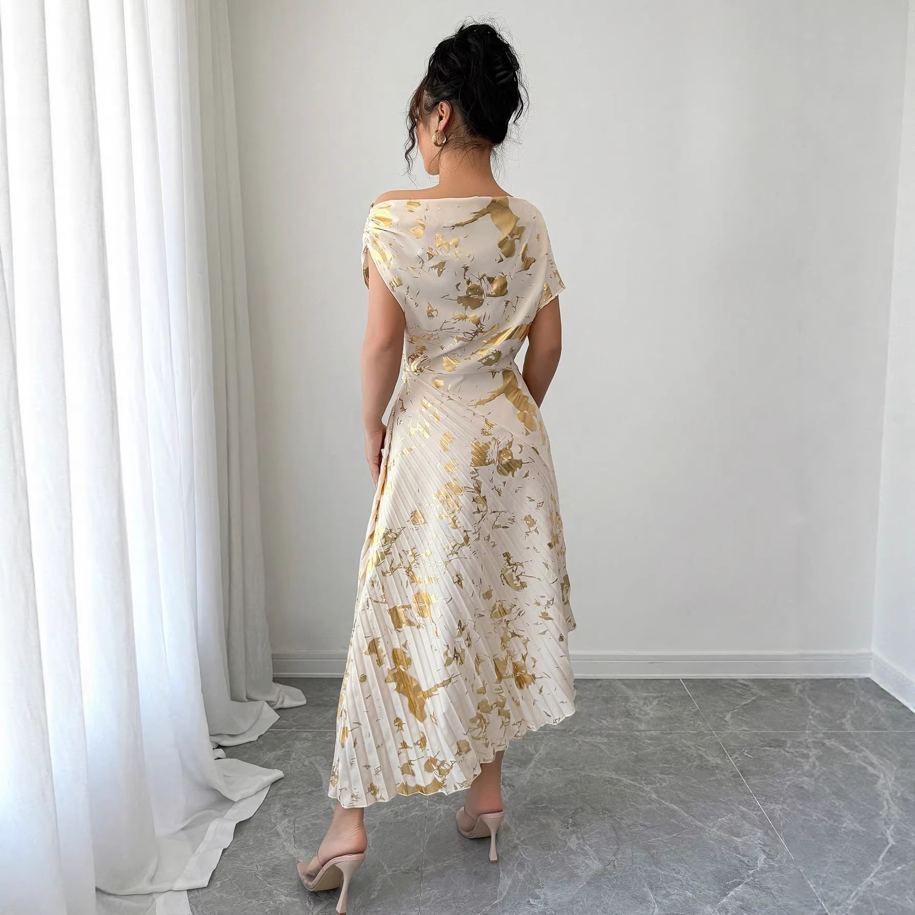 Women's One-Shoulder Dress with Gold Foil Floral Print, Short Sleeve, Cinched Waist, Asymmetric Pleated Midi