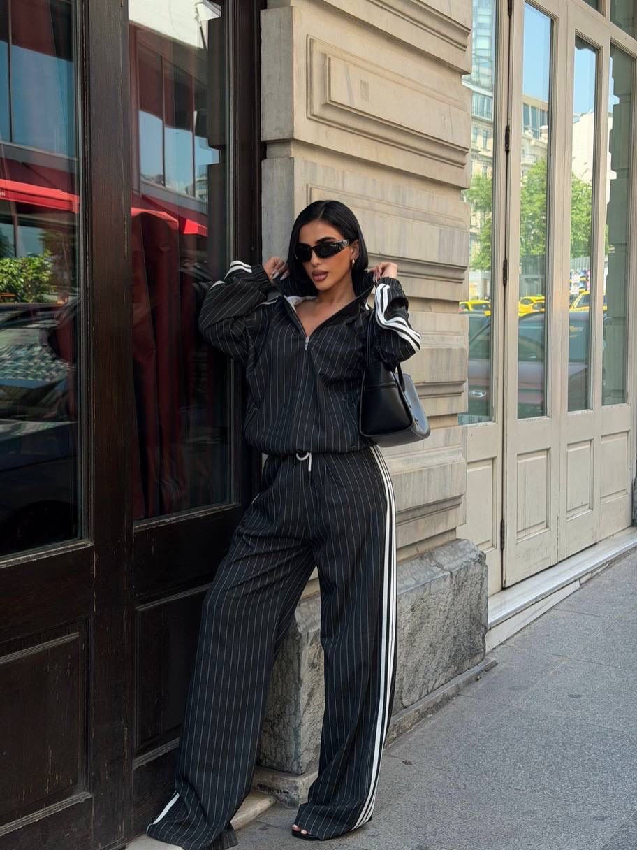 Women's Striped Three-Stripe Track Set with Zip-Up Stand Collar Jacket and High-Waist Wide-Leg Pants
