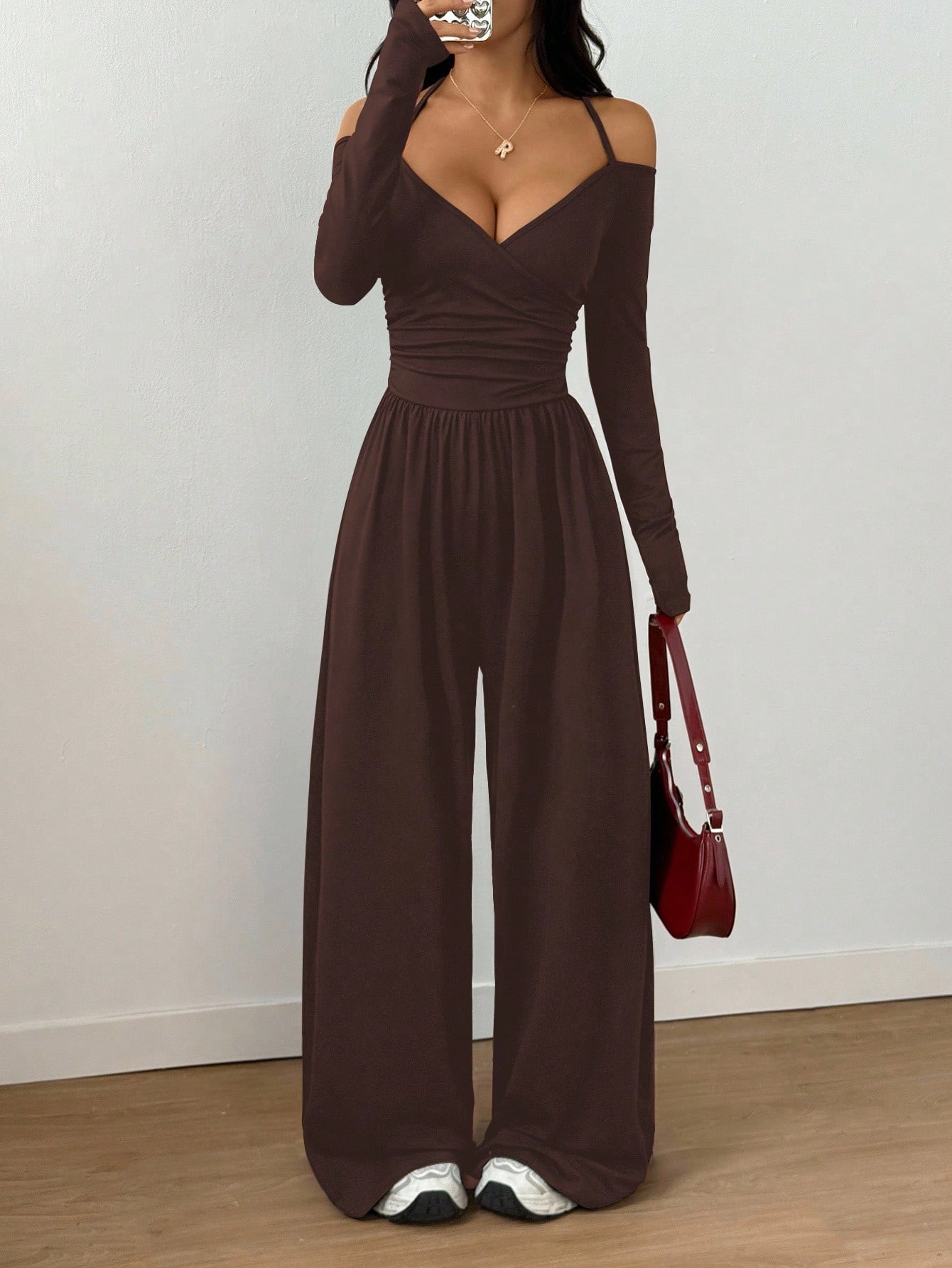 V-Neck Halter Tie Long Sleeve Wide Leg Jumpsuit with Waist