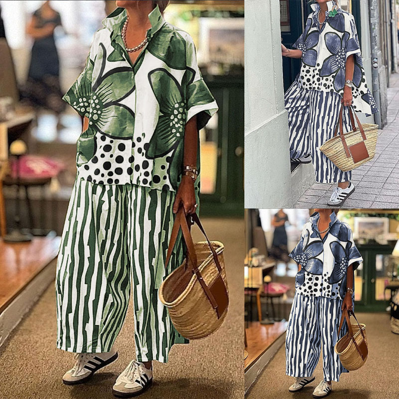 Floral Print Casual Two-Piece Shirt and Pants Set