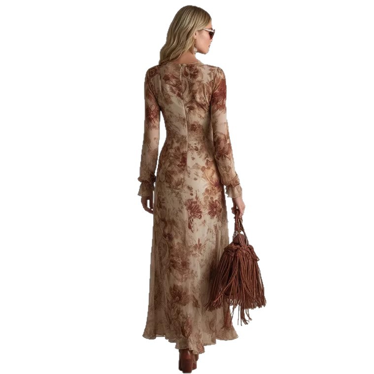 Boho Floral Print V-Neck Long Sleeve Bodycon Maxi Dress